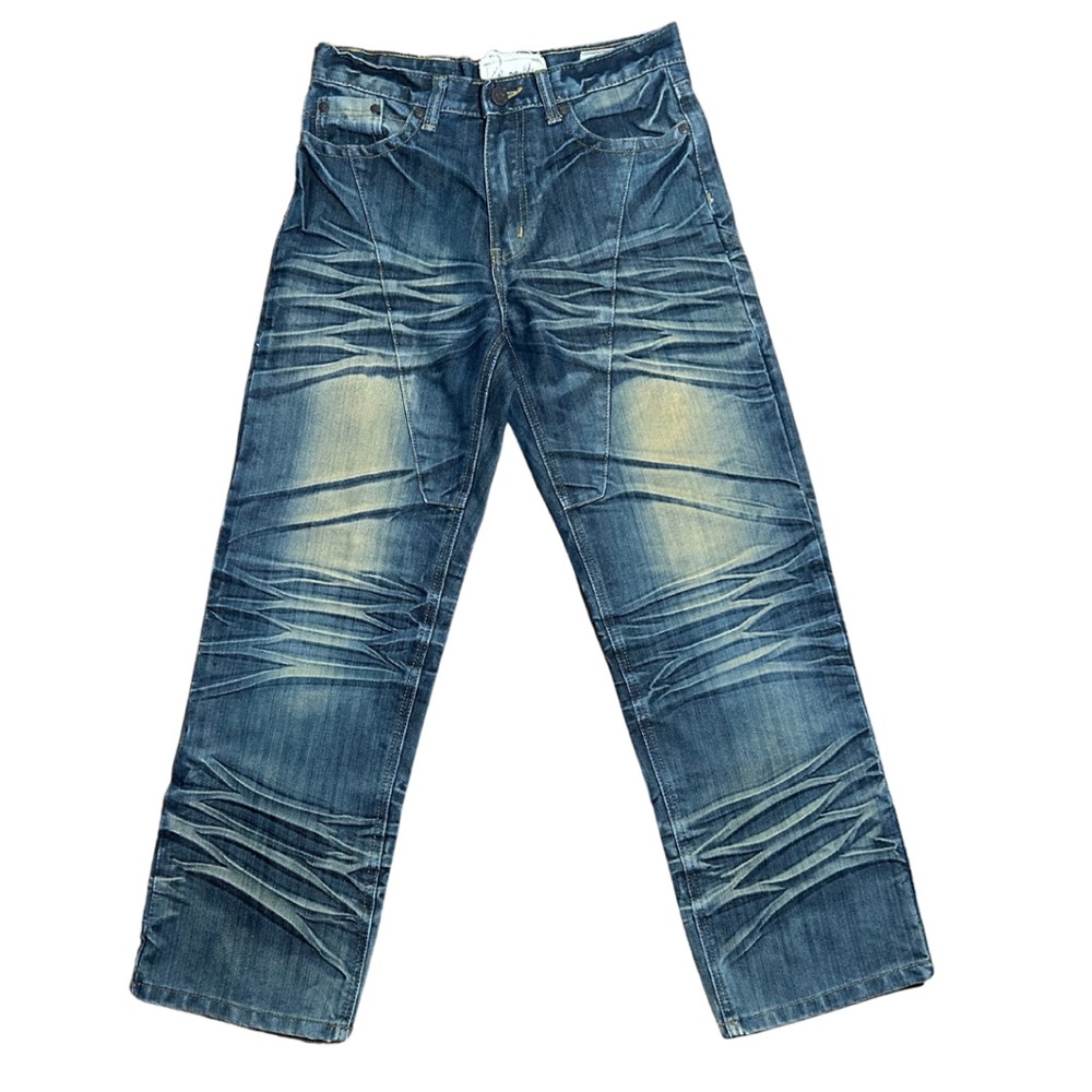 F Boy’s Distressed and Crinkled Casual Solid Bootcut Blue Denim Jeans